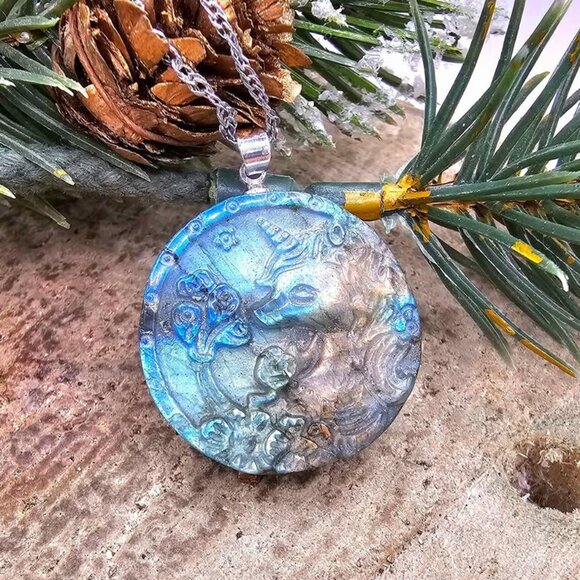 Nature Labradorite Carved Unicorn Pendant Necklace. Price includes both pendant - Picture 1 of 10